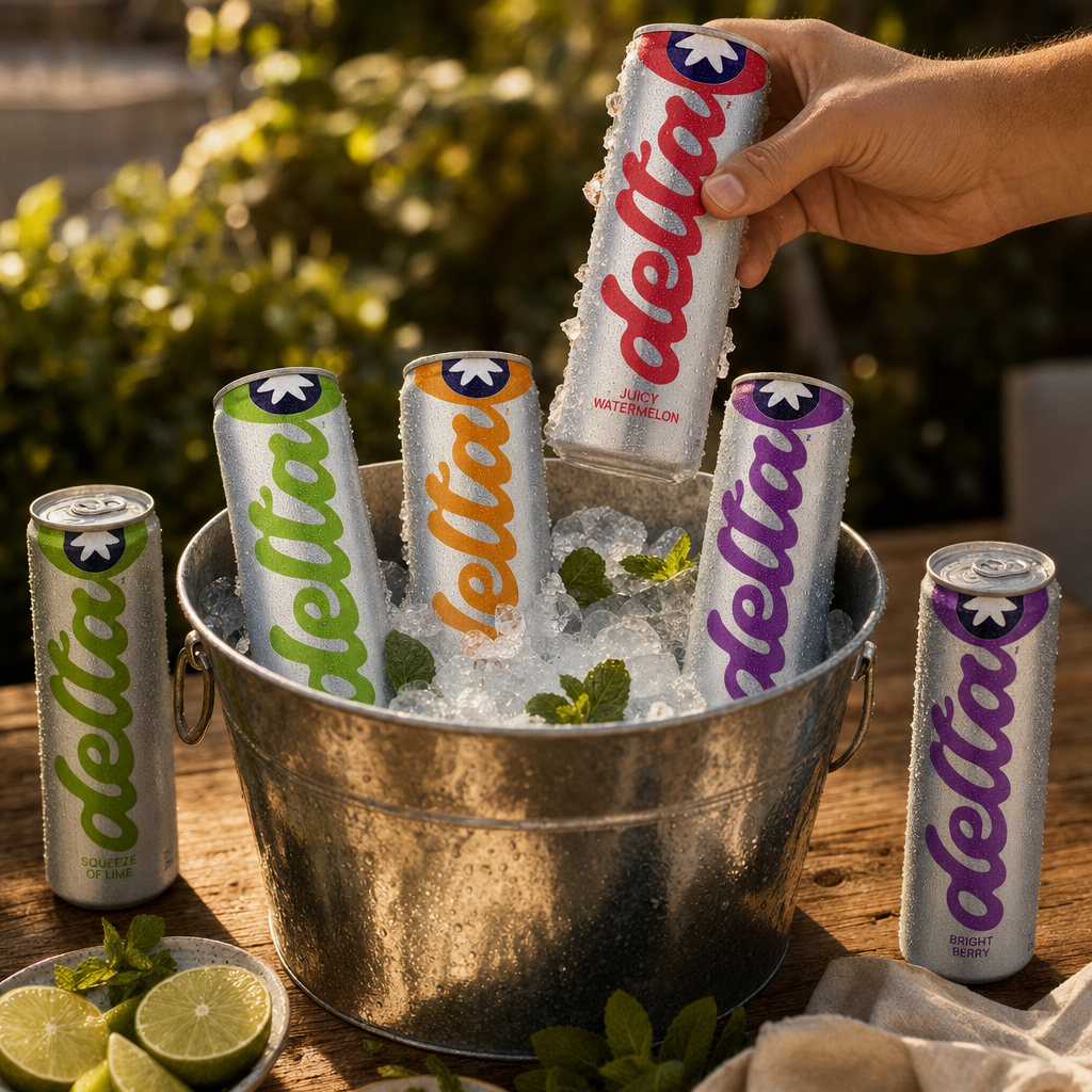 A hand reaching into an ice bucket of Delta 5mg cans