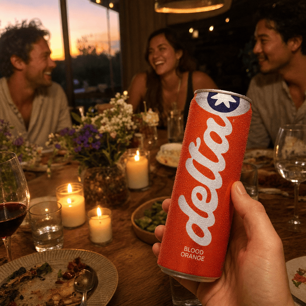 A host's hand holding a Moderate Blood Orange can at a candlelit dinner table, guests blurred in conversation behind.