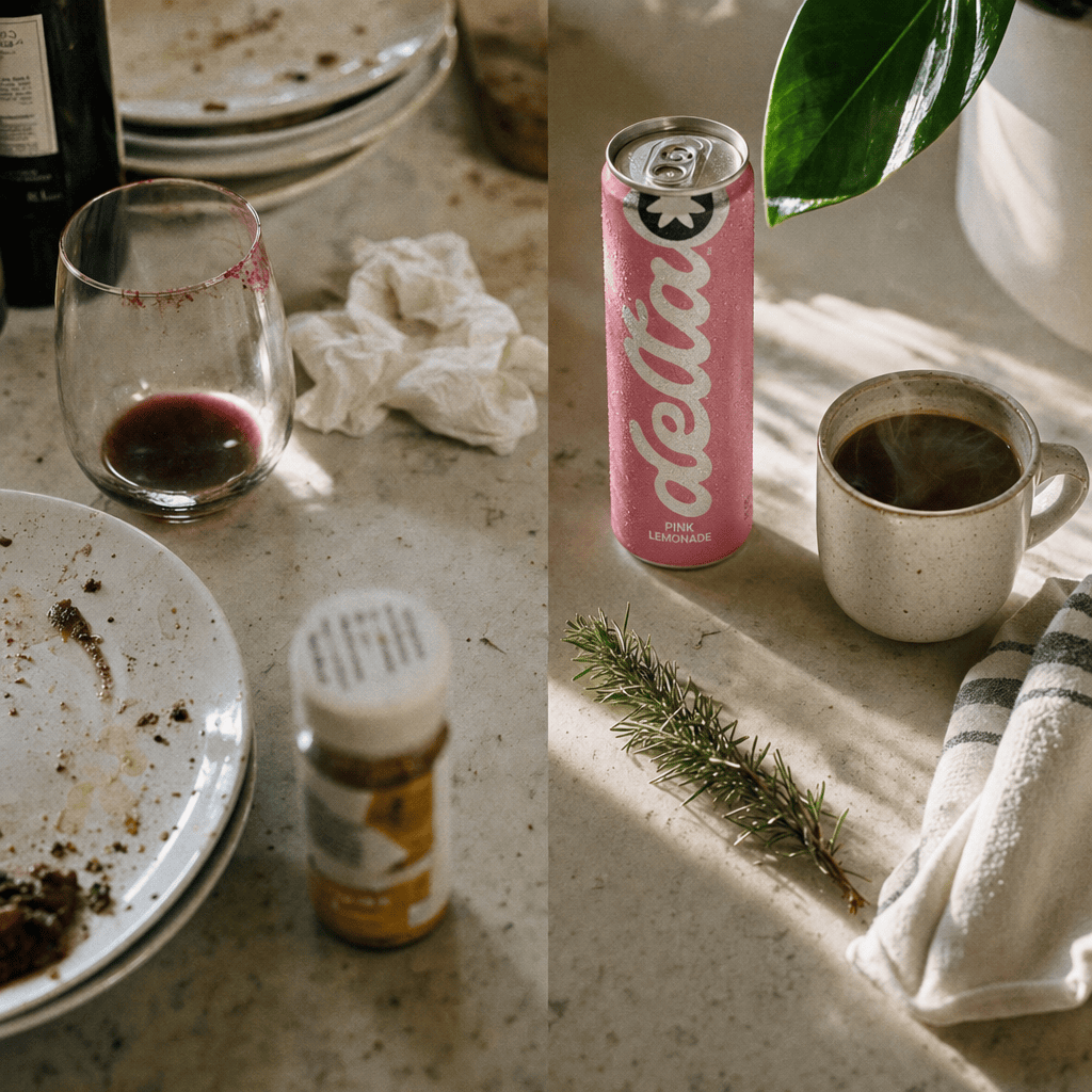 Two morning-after counters side by side: a half-empty wine glass on one, a Moderate can with a clear morning around it on the other.