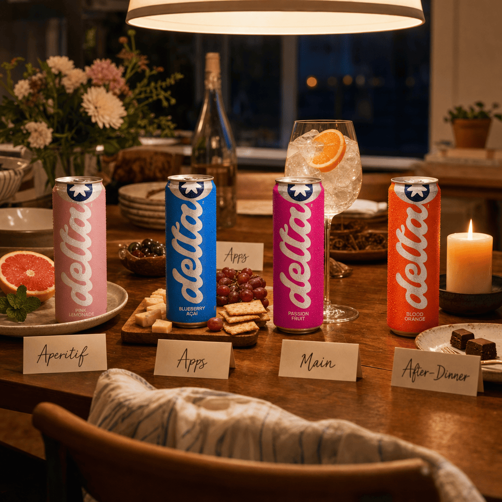 All four Moderate flavors arranged on a host's table, each paired with a course: Pink Lemonade with citrus, Blueberry Acai with cheese, Passion Fruit on ice, Blood Orange with candle.
