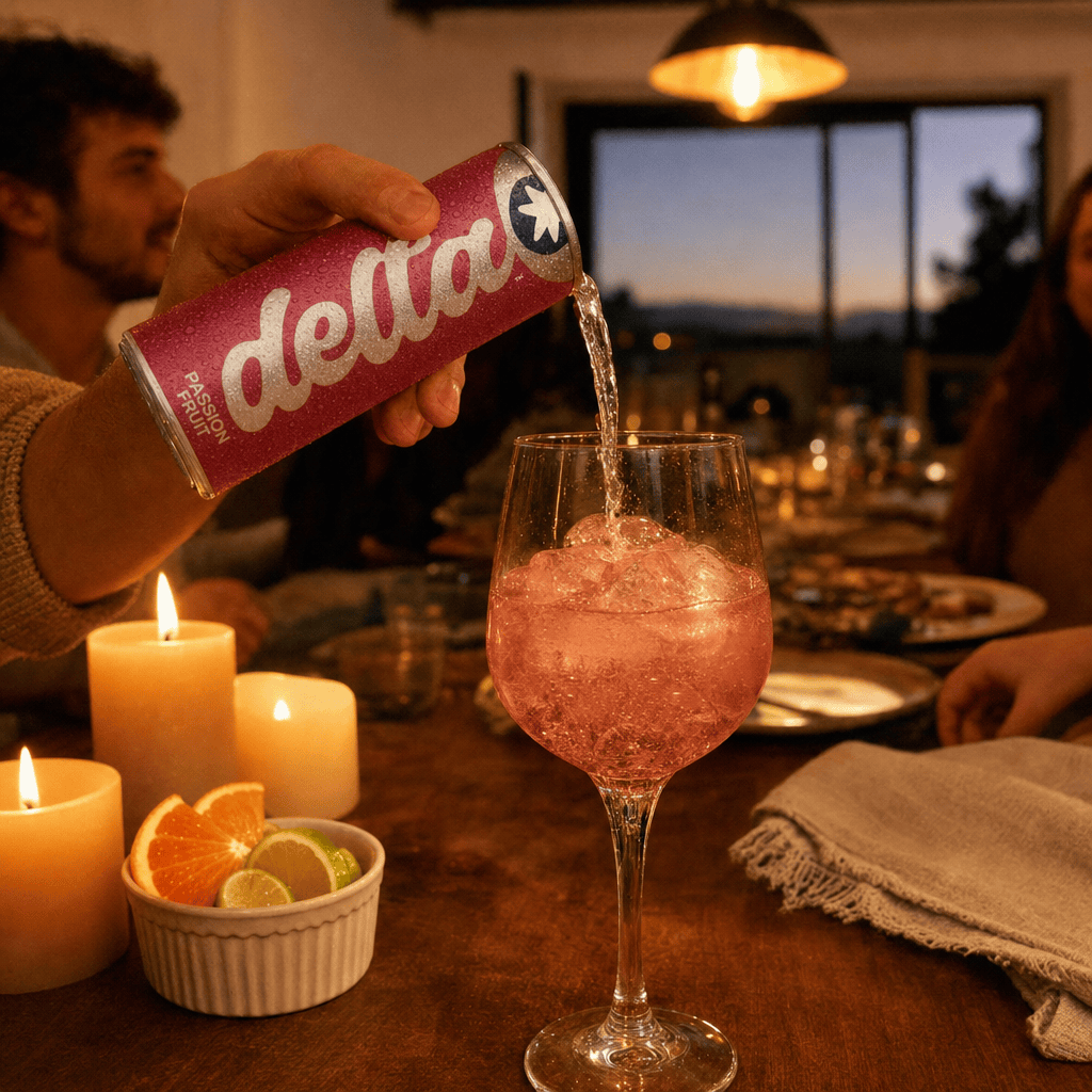 A hand pouring a Moderate can into a stemmed wine glass over ice, dinner table softly behind.