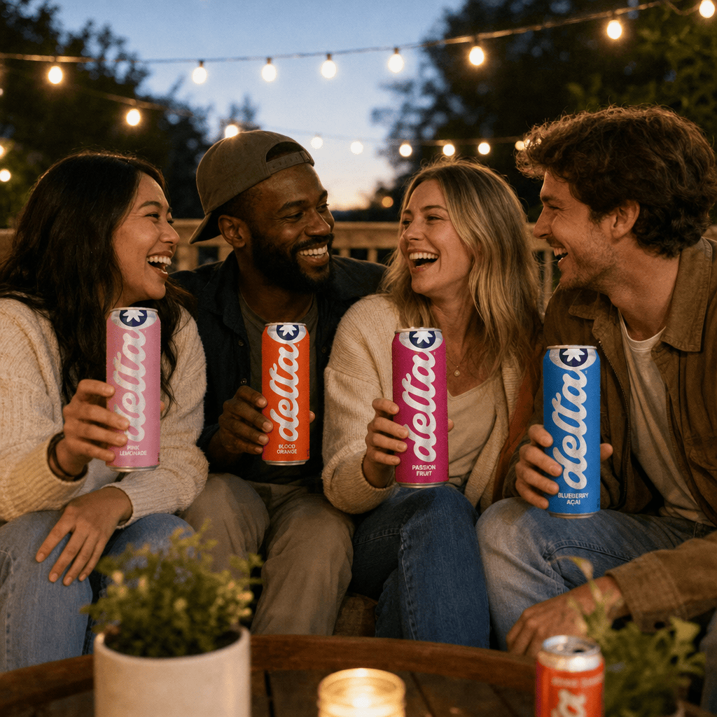 Three friends on a deck at dusk, each holding a different-flavor Moderate can, in conversation, string lights behind.