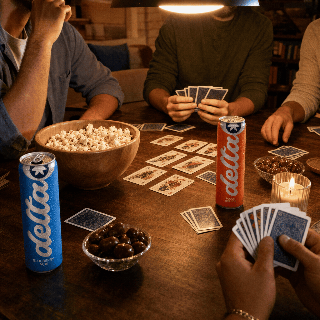 A game-night table mid-play with cards or a board game, two Moderate cans visible, snacks, indoor evening light.