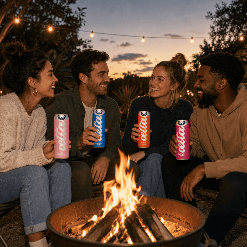 A backyard firepit at dusk with friends sitting around it, each holding a different-flavor Moderate can, golden-into-blue sky.