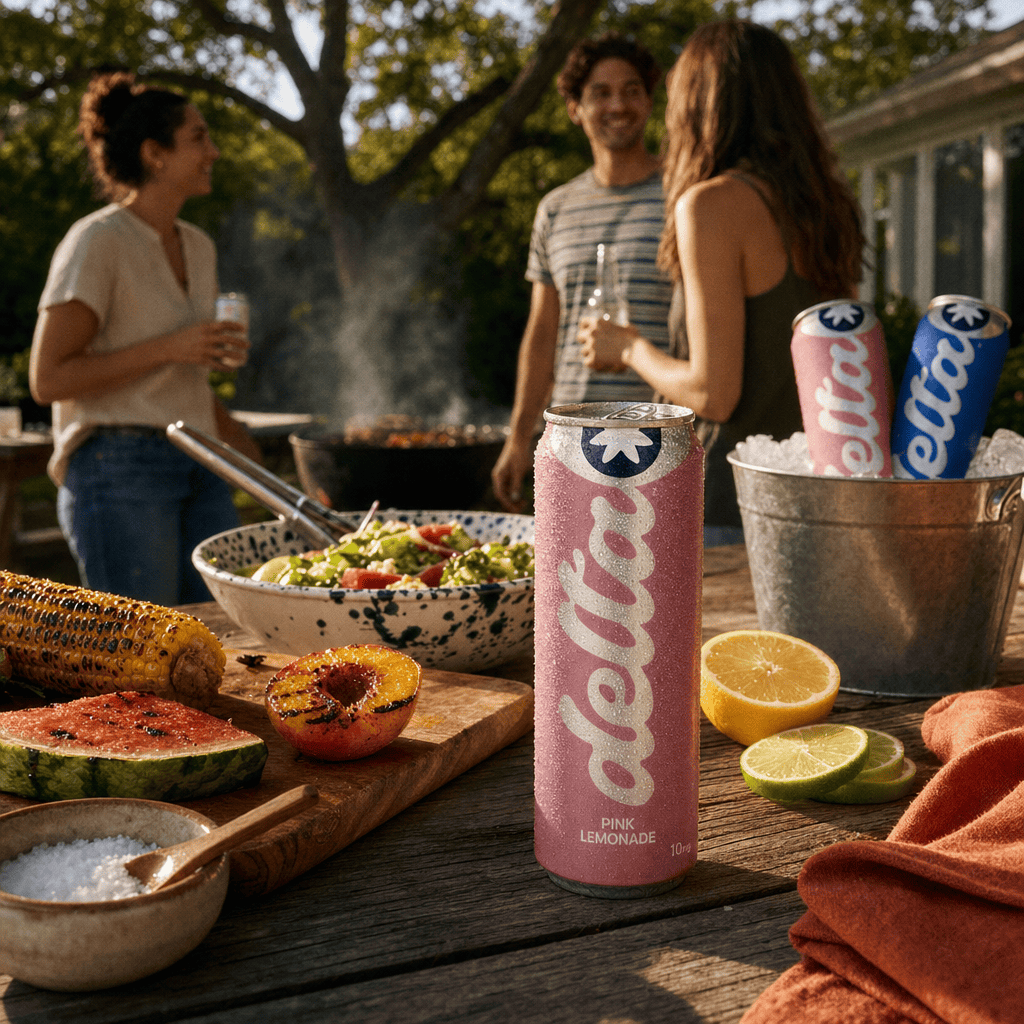 Backyard BBQ table with a Delta Pink Lemonade can in foreground, salads and grilled corn, friends in soft focus behind