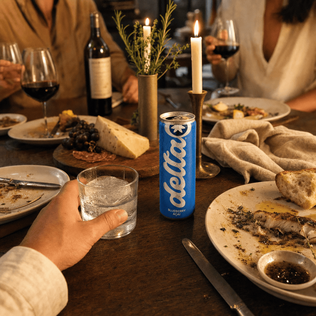 Candlelit dinner table with a Delta Blueberry Acai can next to a glass of seltzer over ice, charcuterie board to the side, other diners' wine glasses in the background