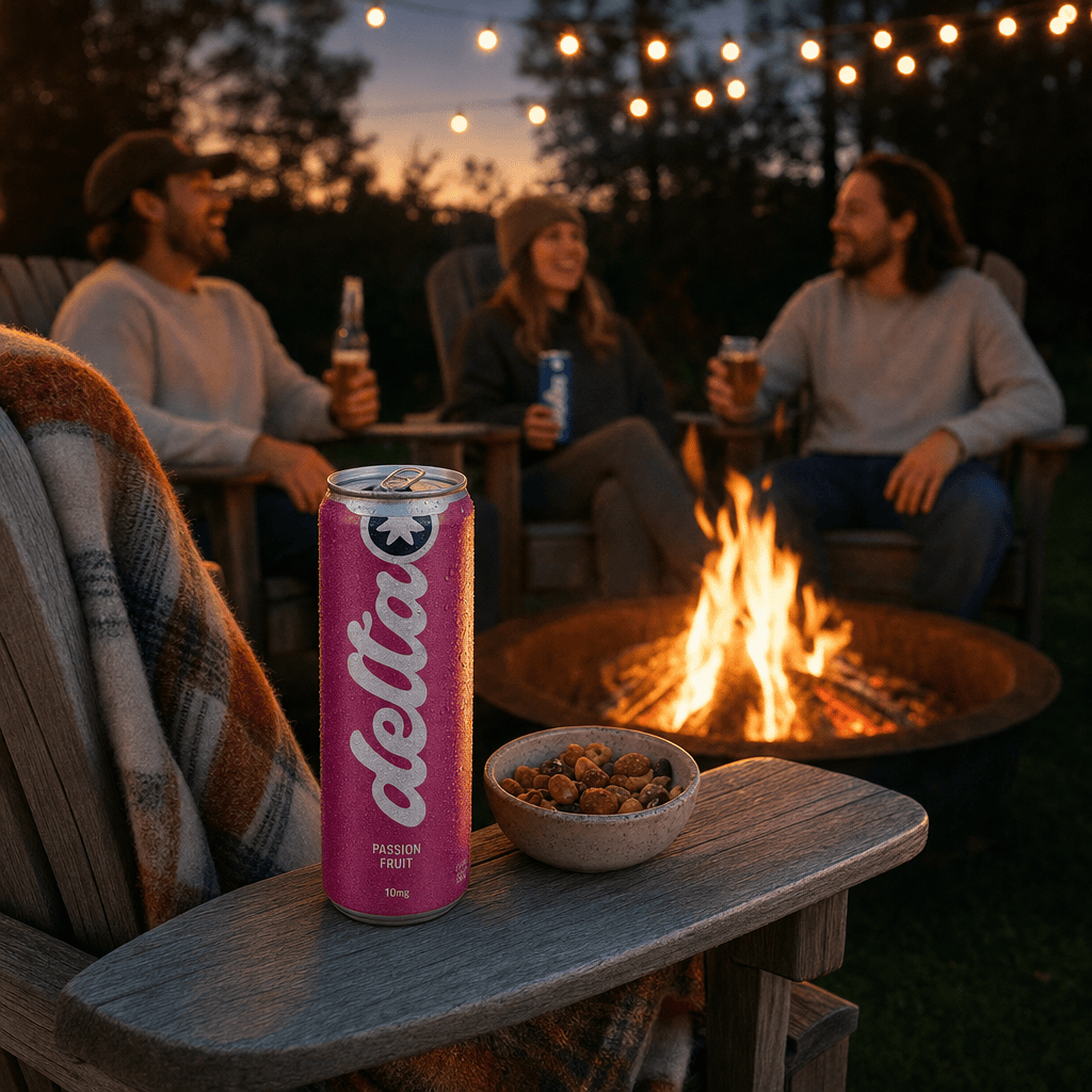 A Delta Passion Fruit can on the wide armrest of an Adirondack chair at a backyard firepit, friends seated around the fire at dusk