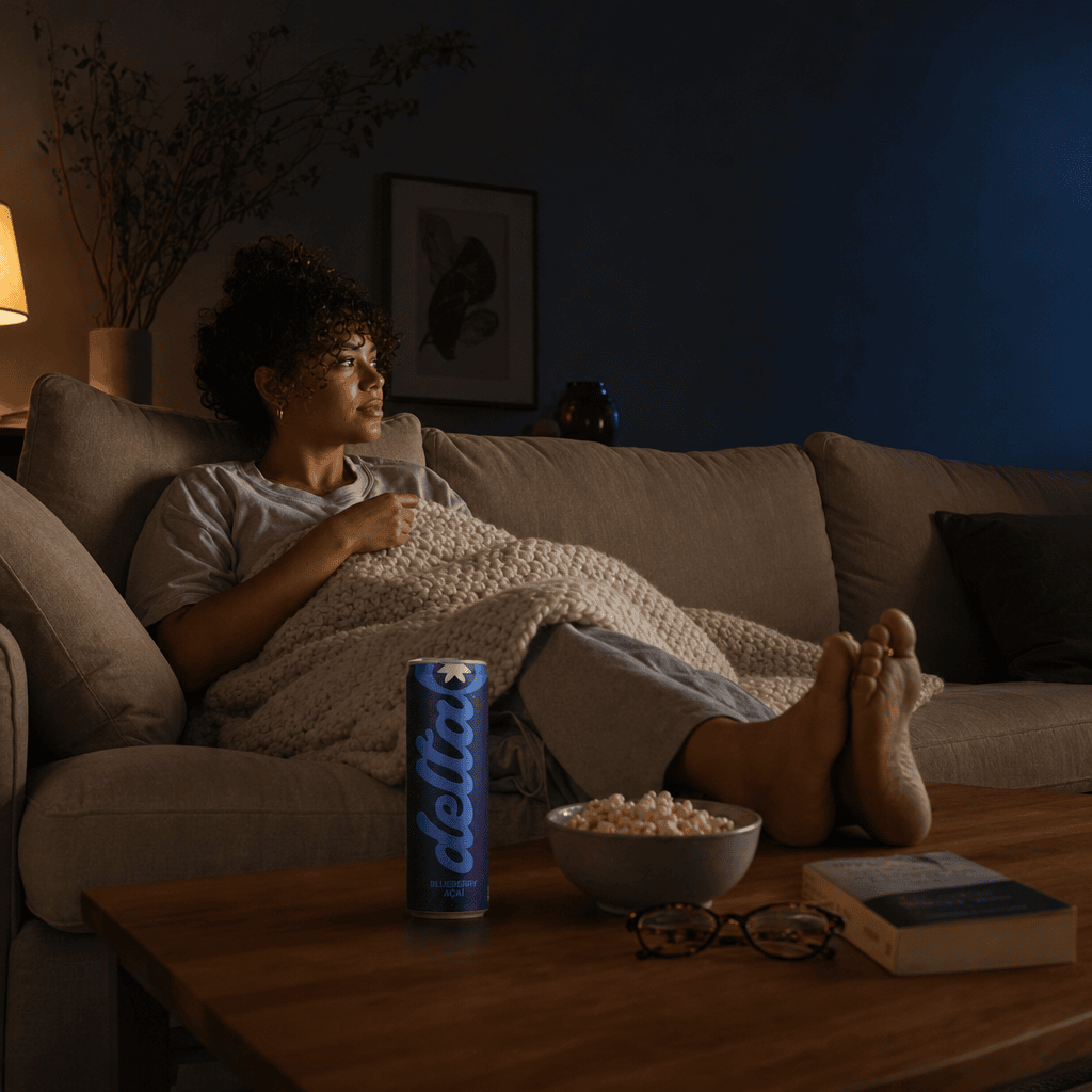A person reclined on a deep sofa under a chunky cream knit throw blanket, dim TV-glow, single Bold Blueberry Acai can on the coffee table