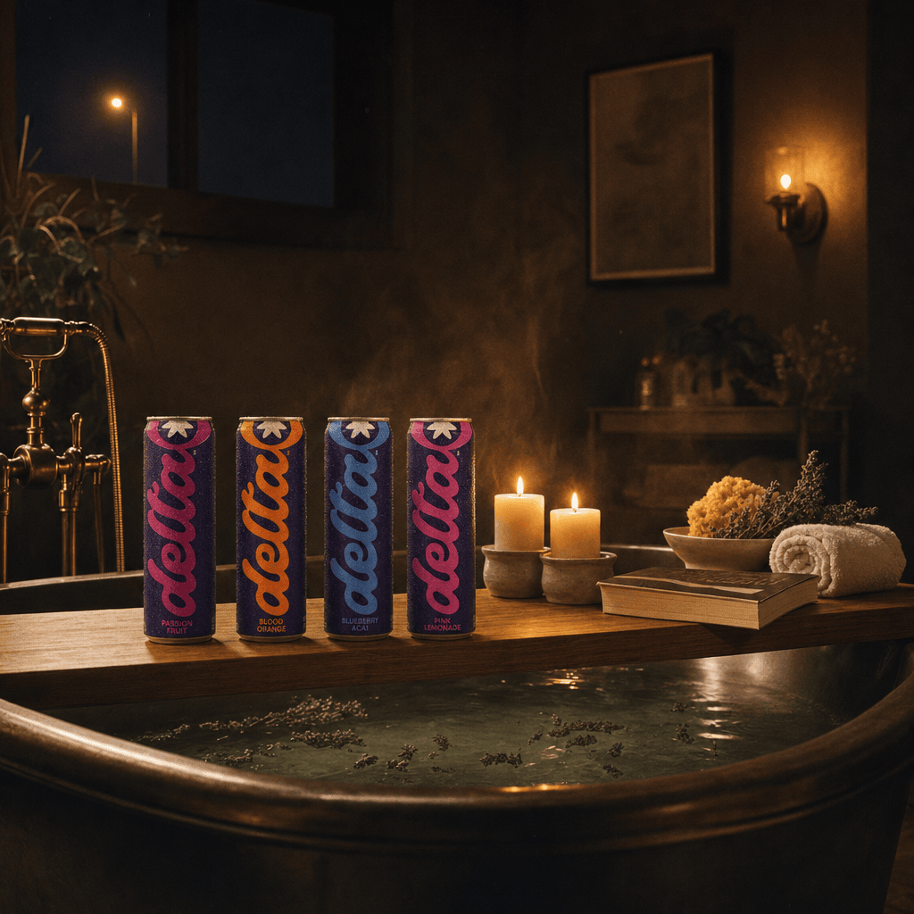 All four Delta Bold flavors on a wooden bath caddy across a freestanding tub at night