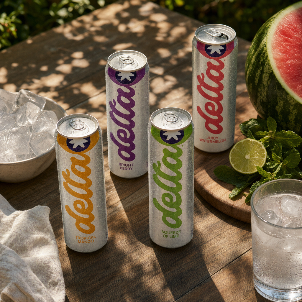 All four Delta Light flavors on a wood garden table: Bright Berry, Tropical Mango, Juicy Watermelon, and Squeeze of Lime.