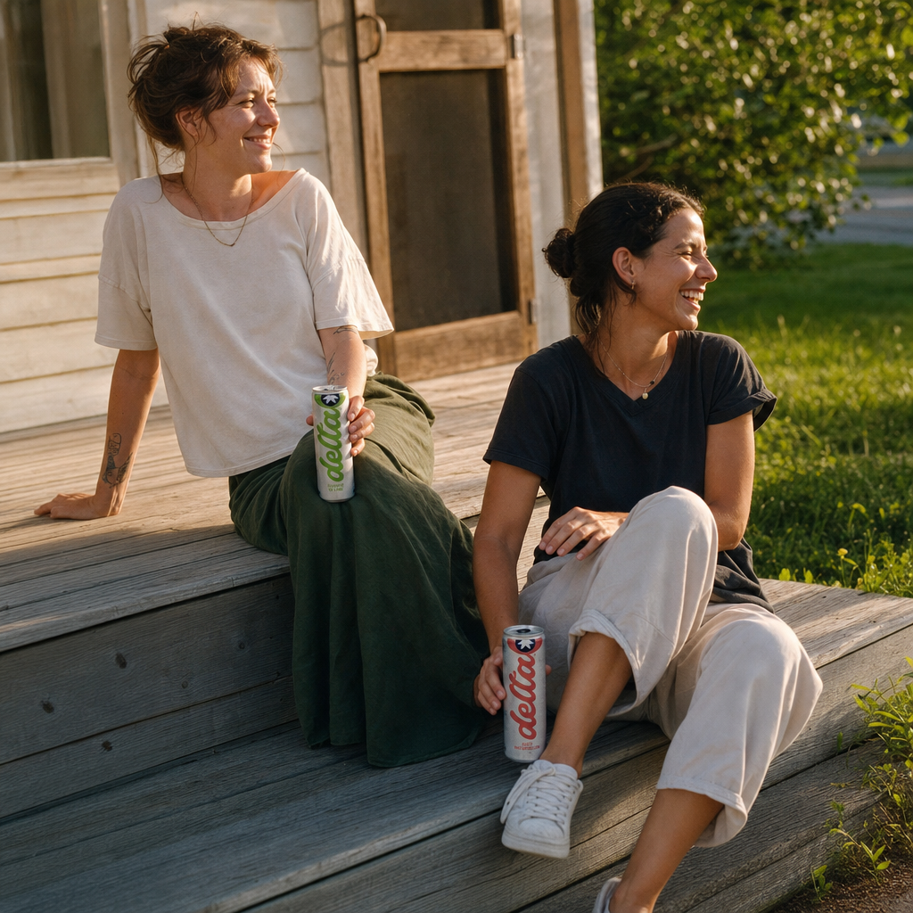 Two friends on a porch at golden hour, holding Delta Light cans, laughing easily.