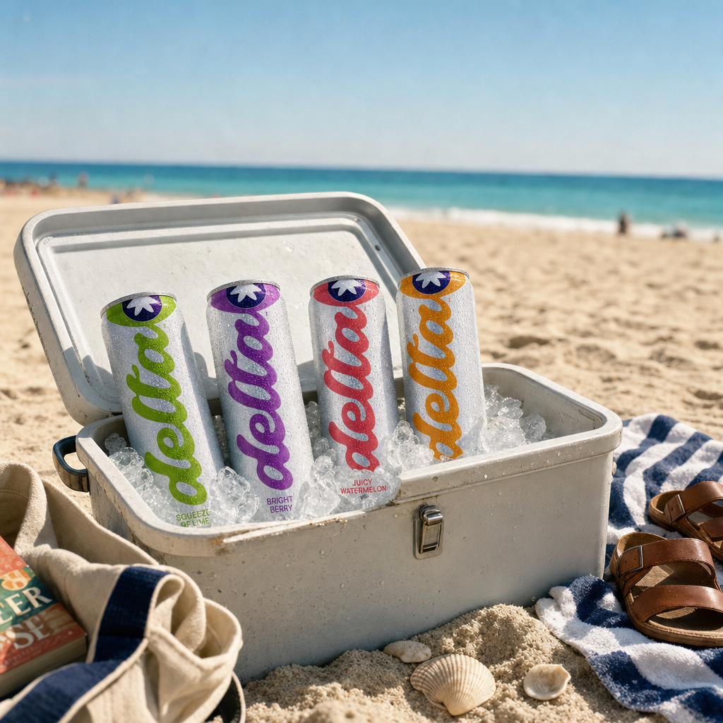 A beach cooler in the sand filled with Delta Light cans on ice.