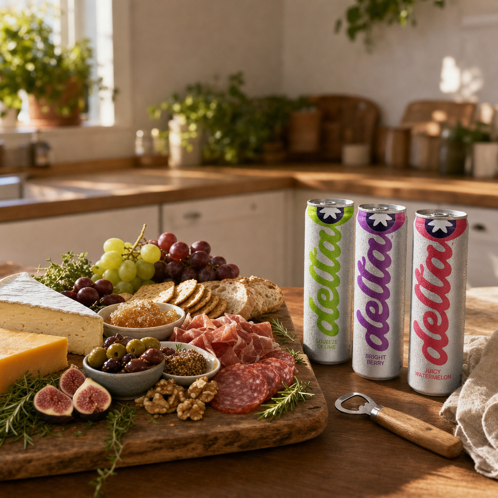 A kitchen counter with a charcuterie board and three Delta Light cans, ready for guests.