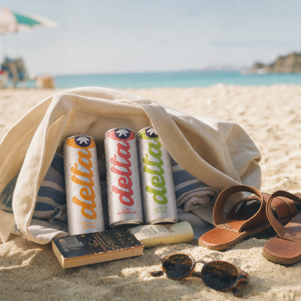 A canvas beach bag with Delta Light cans, sunglasses, and sandals on white sand.