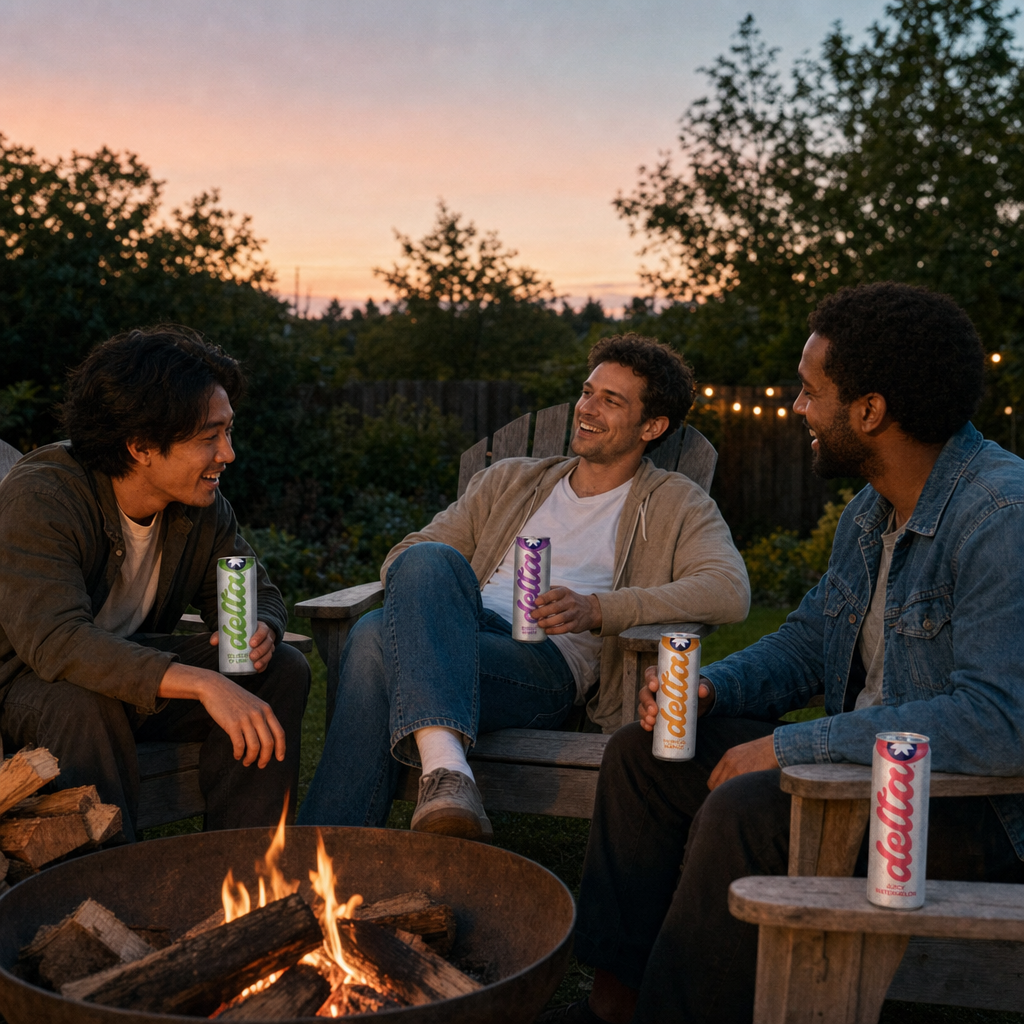 Three friends around a backyard firepit at dusk, each holding a Delta Light can.