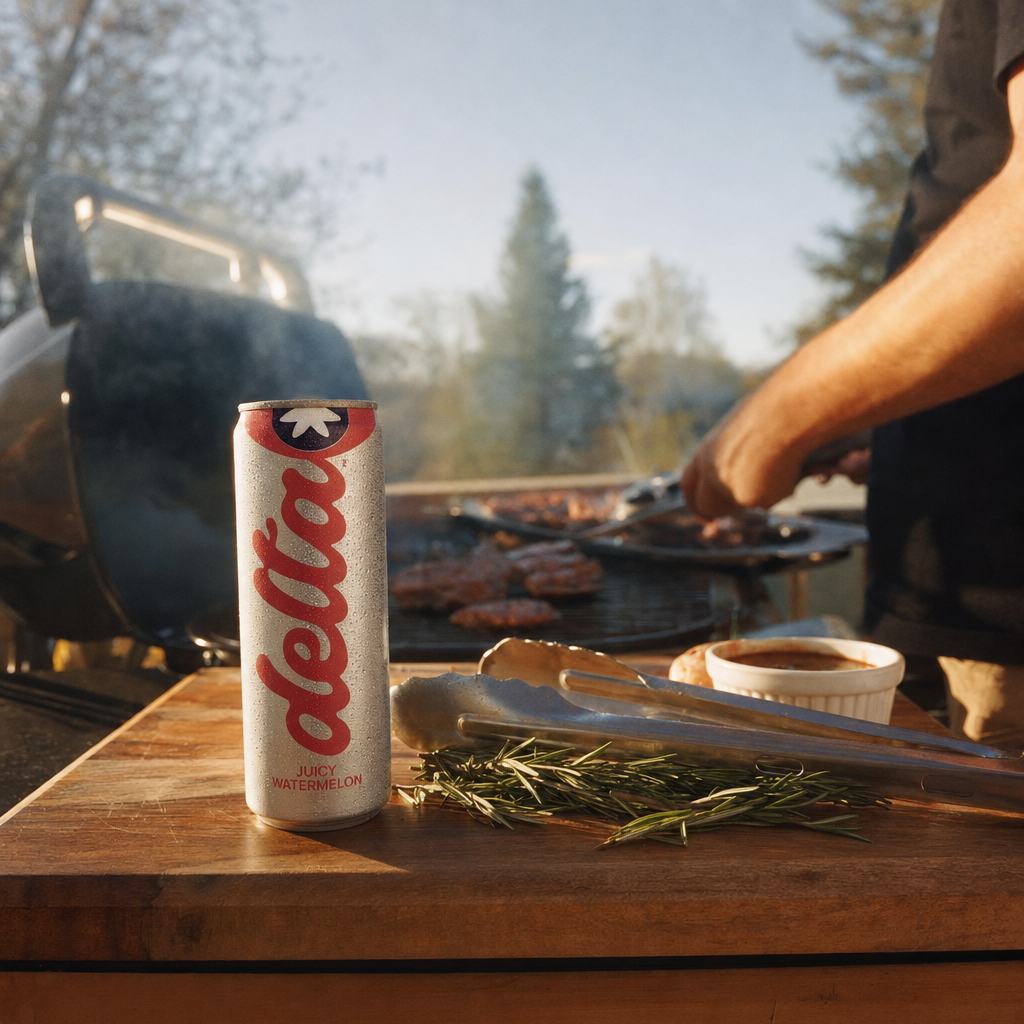A Delta Light can on a cutting board next to a hot grill: weekend BBQ, no morning regret.