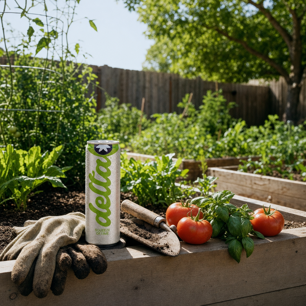 A Squeeze of Lime Delta Light can on a raised garden bed with tomatoes and gloves: slow Sunday, easy first sip.