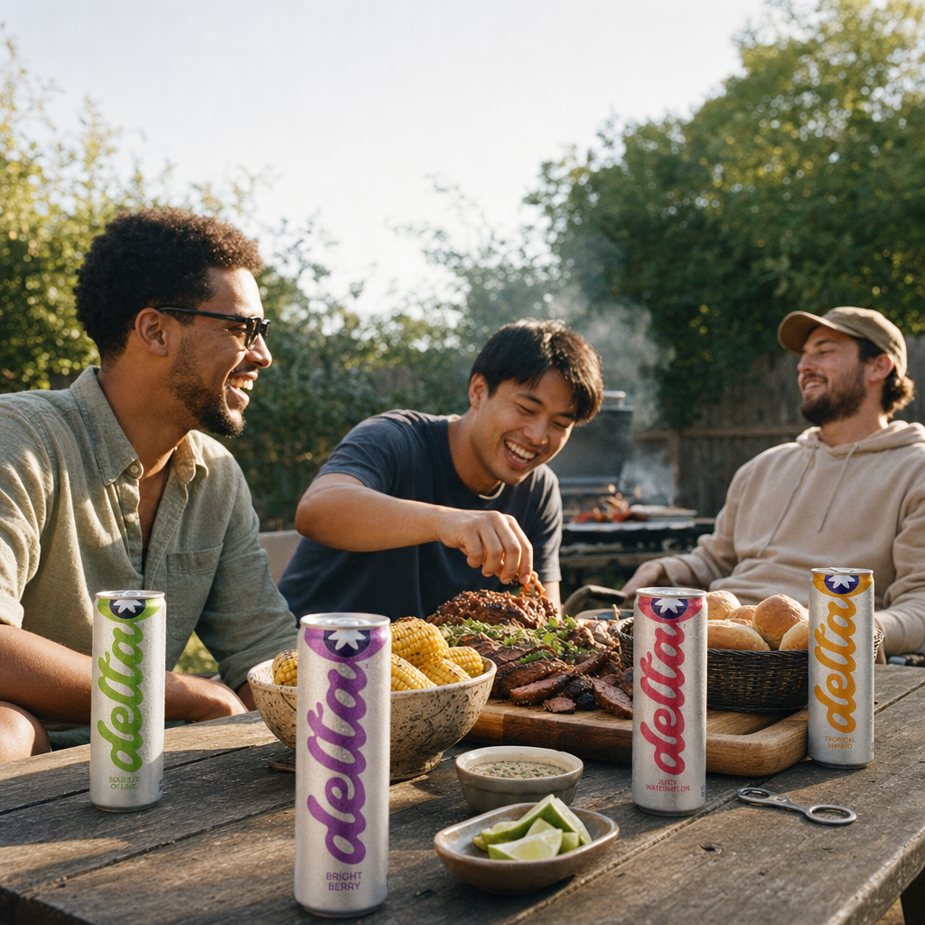 Three friends at a backyard BBQ table with multiple Delta Light cans on the table.