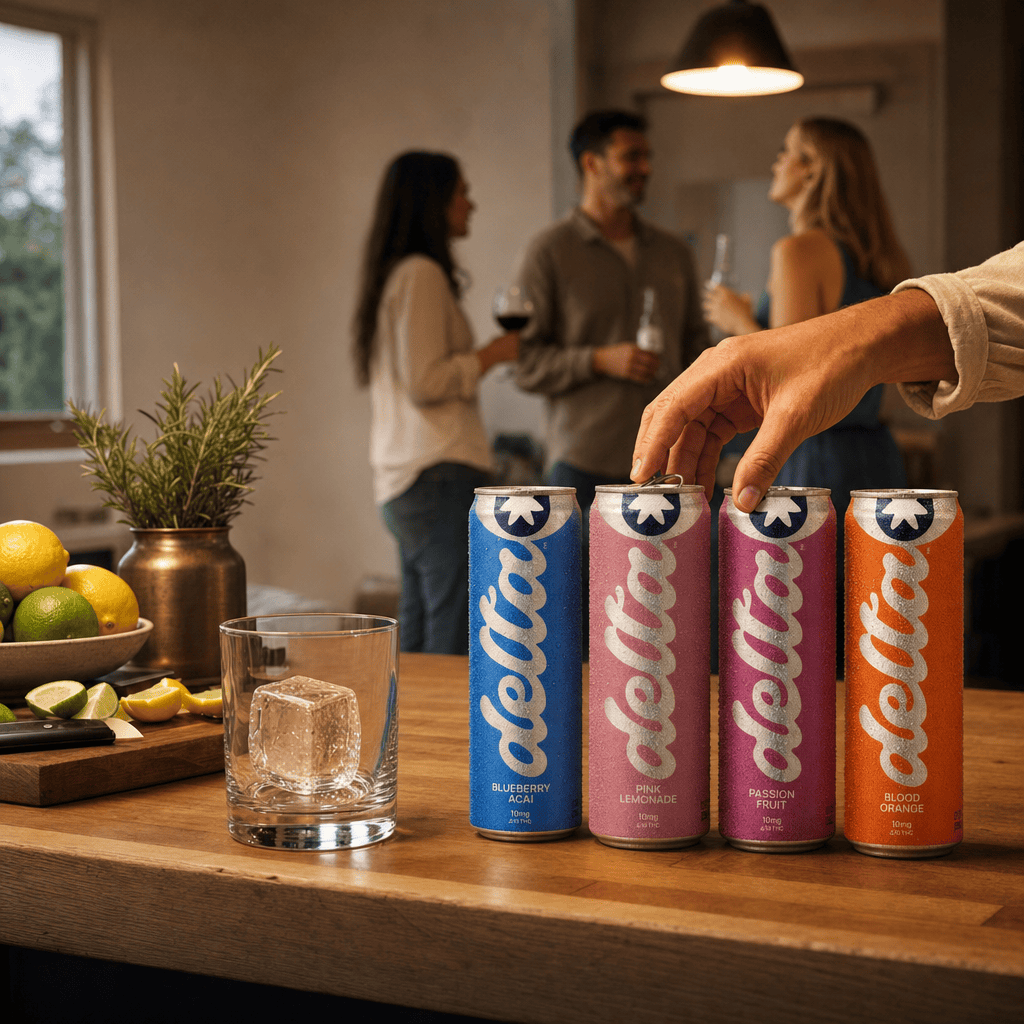 A kitchen island at evening with all four Delta Moderate flavors lined up, friends in soft focus behind