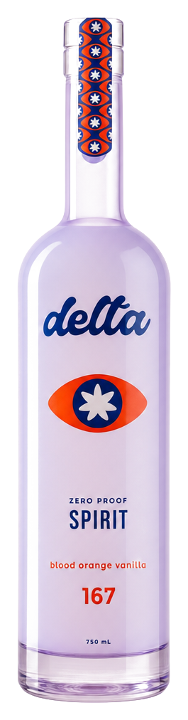 The Delta zero-proof Spirit bottle, lavender frosted glass, blood orange vanilla, 750ml