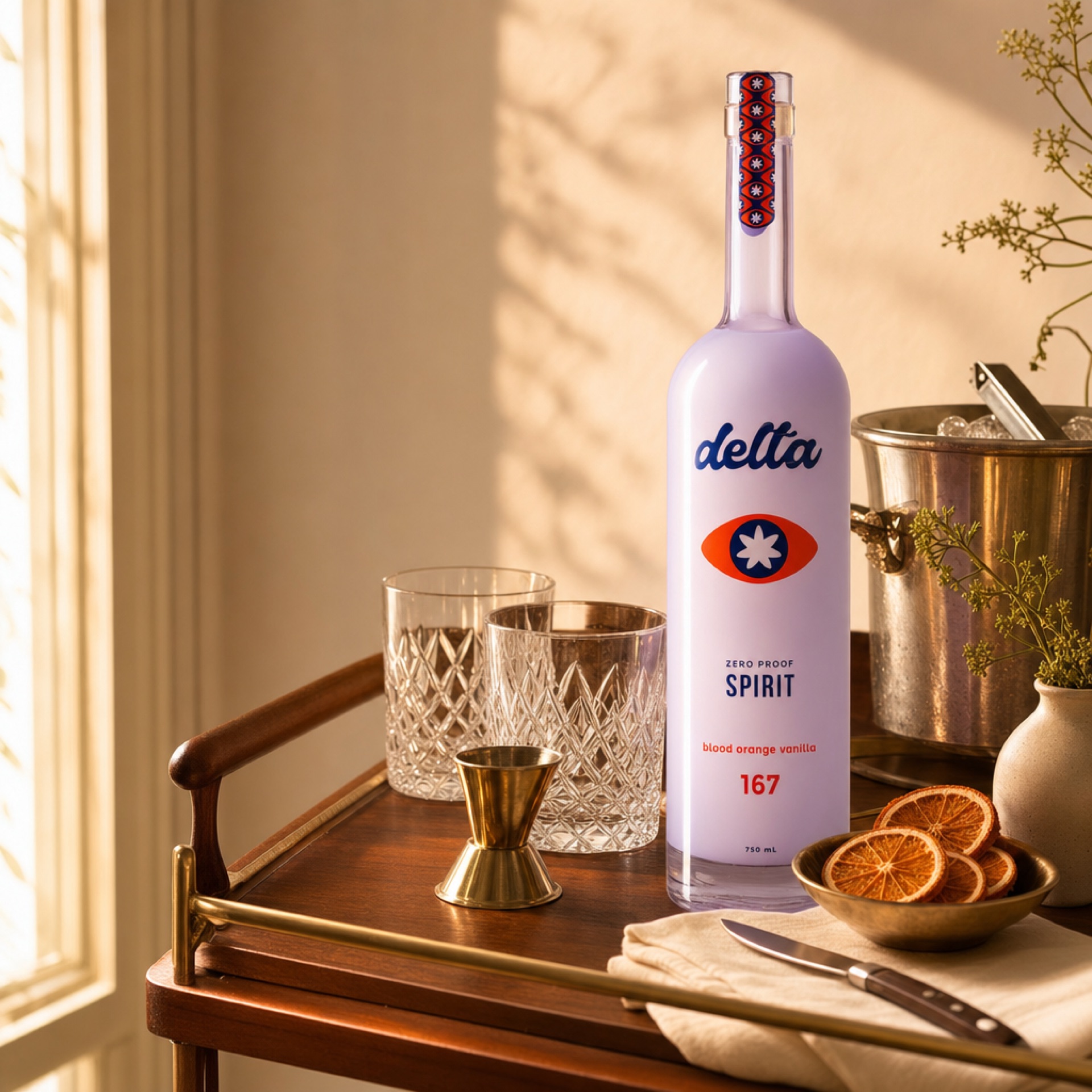 The Delta zero-proof Spirit bottle on a curated walnut and brass home bar cart in warm afternoon light
